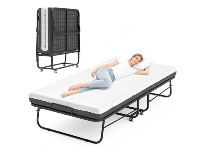 FentyOE Klappbett 90x200 cm Erwachsene mit ca.13 cm Matratze aus Gedächtnisschaum Gästebett Klappbar Metallrahmen Klappbetten mit Rollen Reisebett Faltbares Metallbett Stabil bis 210 kg belastbar