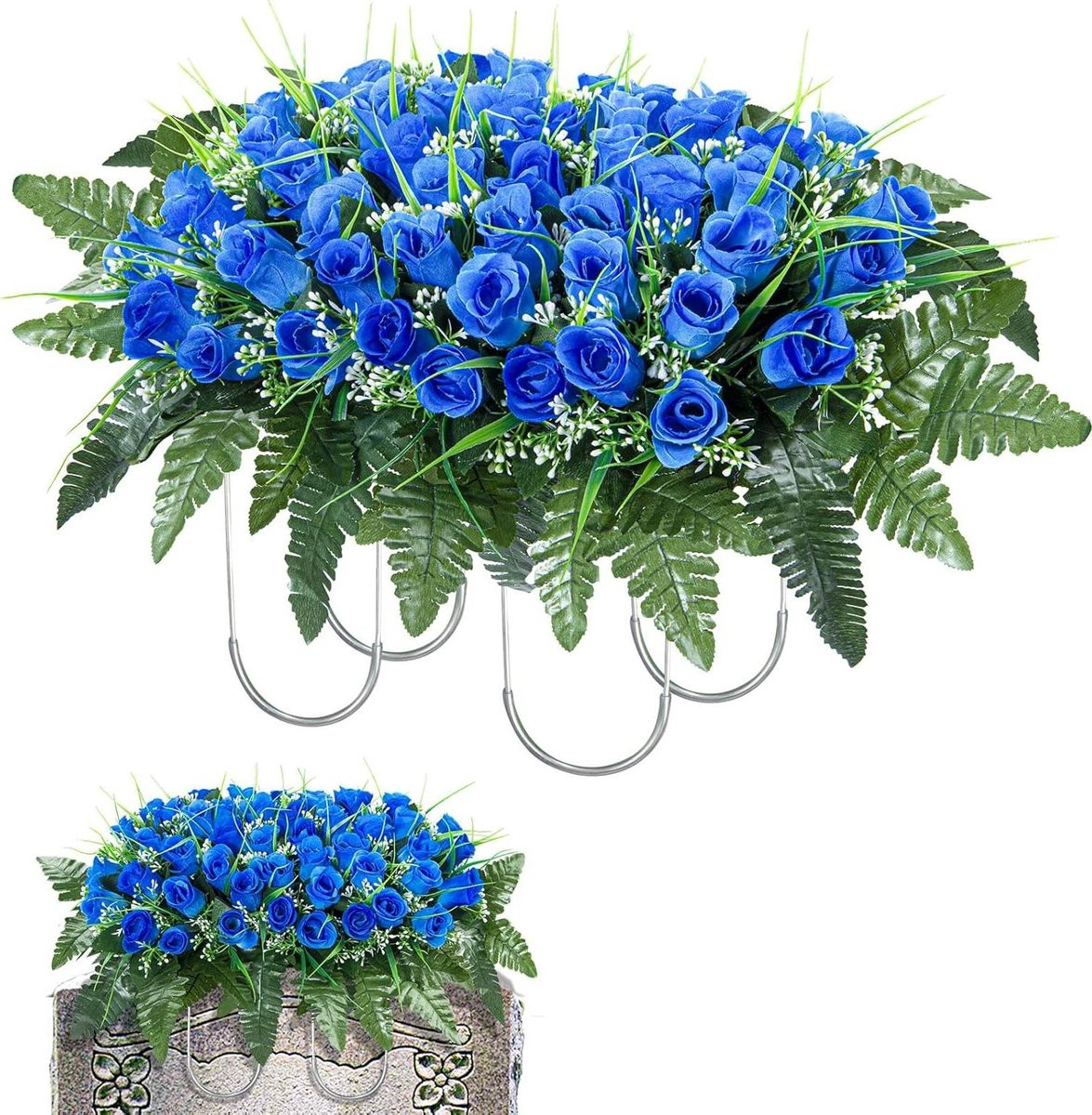 Blauwe kunstbloemen voor grafdecoratie buiten, 39 cm hoog
