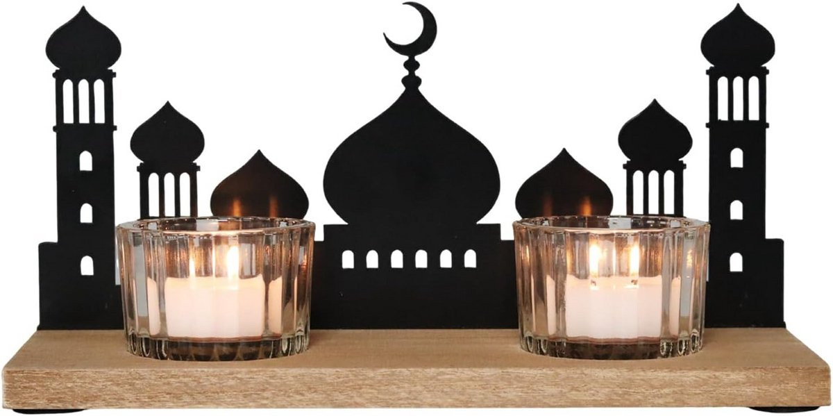 Houten Theelichthouder Moskee Silhouet met Glasdecoratie voor Ramadan en Eid Mubarak