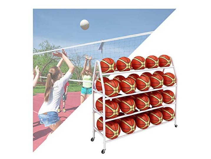 Basketball-Regal 4-stöckiges Ball Aufbewahrungsregal Regal Mit Rollen Ballwagen Aufbewahrung Platzsparend Metallregal Für Garagen, Vereine, Sportplätze(White,97CM)