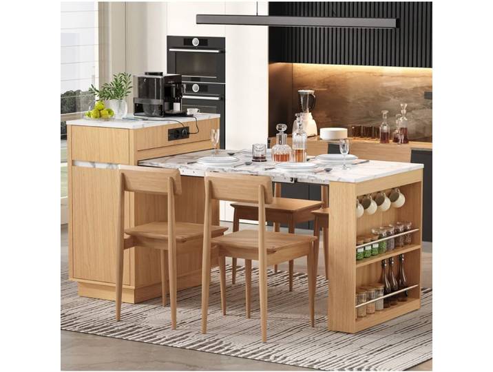 VUENOR Îlot central extensible 58-154x80 5x94 cm naturel et blanc LED