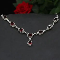 Drachensilber Granat Schmuck Collier 925 Silber rot Damen Collier Edelstein Halskette - Silber