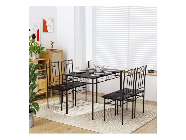 LuxusKollektion Essgruppe Esstisch 4 Stühle Industrial 109cm Tisch mit 4 Stühle Schwarzer Marmor