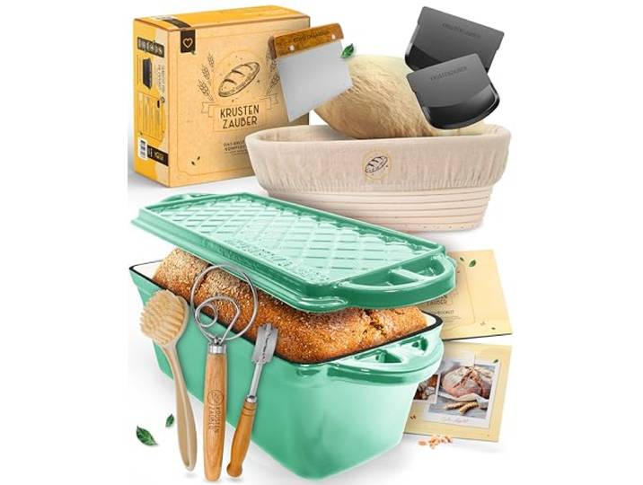 KRUSTENZAUBER Brotbackform aus Gusseisen im XXL-Set inkl. Brot back Zubehör Geschenkfertige Emaille Gussform mit Deckel samt Zubehör & Anleitung für den sicheren Einstieg und gelungenes Brot zu Hause