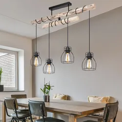Hängeleuchte Holzbalken Holzleuchte 4 Flammig Esszimmerlampe Pendelleuchte Höhenverstellbar, Metall schwarz, 4x E27 Fassungen, LxBxH 90x14x100 cm