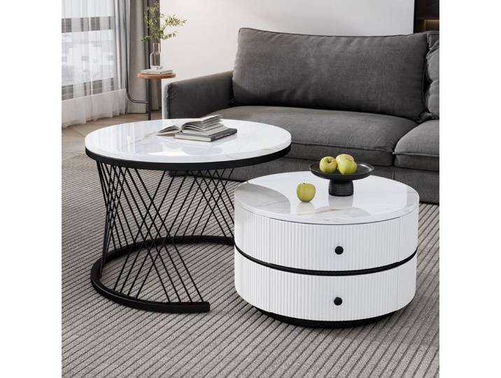 Table basse rangement intégré avec 2 tiroirs plateau effet marbre en MDF 60*60*46cm et 50*50*31cm coloris blanc