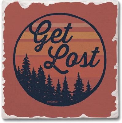 Thirstystone "Get Lost 4 Pack Tumbled Tile Stone Coaster with Protective Cork Backing Manufactured in The USA 4"" Square"
