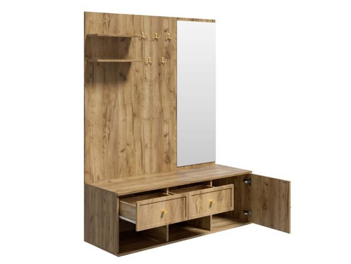 Ensemble vestiaire d'entrée avec miroir 5 crochets et 2 tiroirs - Aspect bois naturel - 120 x 35 x 159 cm