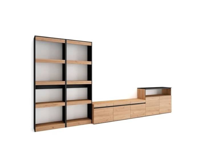 Skraut Home Wohnwand Wohnzimmer Wohnzimmermöbel, Möbelset 370x186x35cm Für TV-Geräte bis zu 65 Wohnzimmer Möbel Moderner Stil Eiche Schwarz