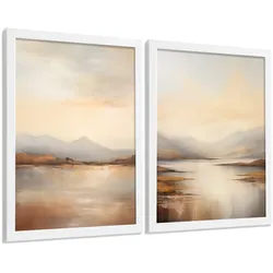 POSTER 2er-Set Wandbilder Sonnenaufgang modern Wohnzimmer Deko, Schlafzimmer, Küche, Badezimmer Weißer Rahmen A3