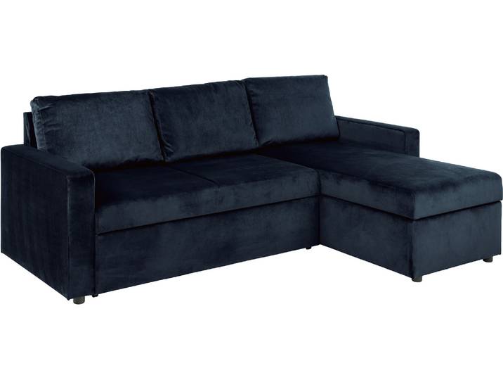 Sacramento Schlafsofa Chaiselong wendbar, versteckte Aufbewahrung undg ausziehbares Bett dunkelblau.