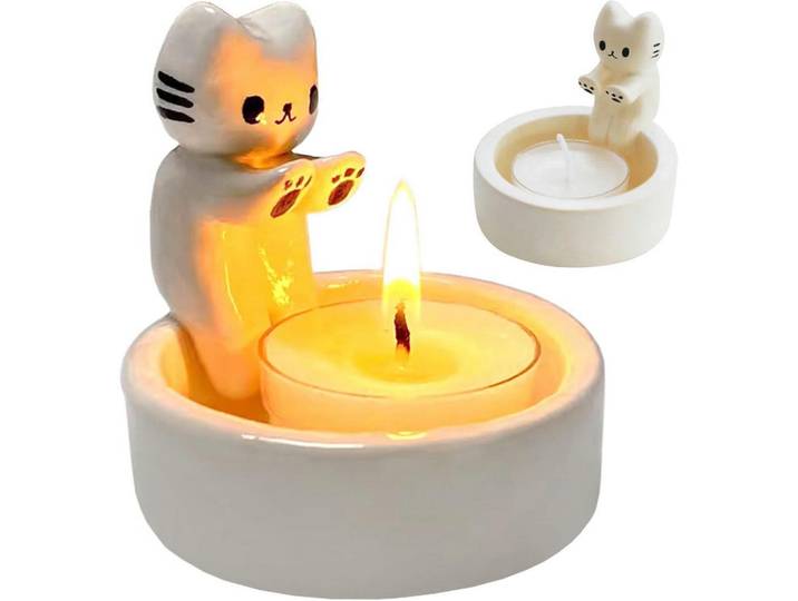 Teelichthalter Katze Harz Weiß, Kunststoff, 6 cm, Dekoration, Kerzen & Kerzenhalter, Teelichthalter