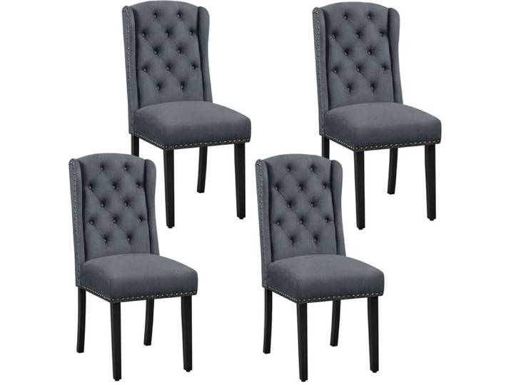 Yaheetech Lot de 4 Chaises de Salle à Manger en Tissu Éponge Design Classique Boutonné avec Pieds en Bois Massif Gris Profond