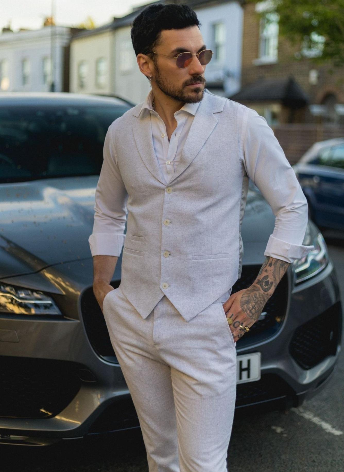Herren Sommer 2-teilig Anzug Leinen Formal Grau Weste Hose