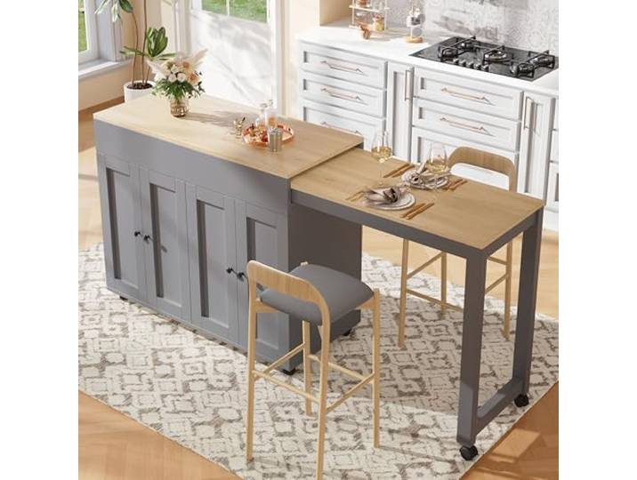 Ropilly ausziehbarer Bartisch aus MDF, Grau, 117–180 cm, Stauraum Ausziehbarer Bartisch mit sechs Ablagefächern, 117–180 cm, für Essen und Arbeiten