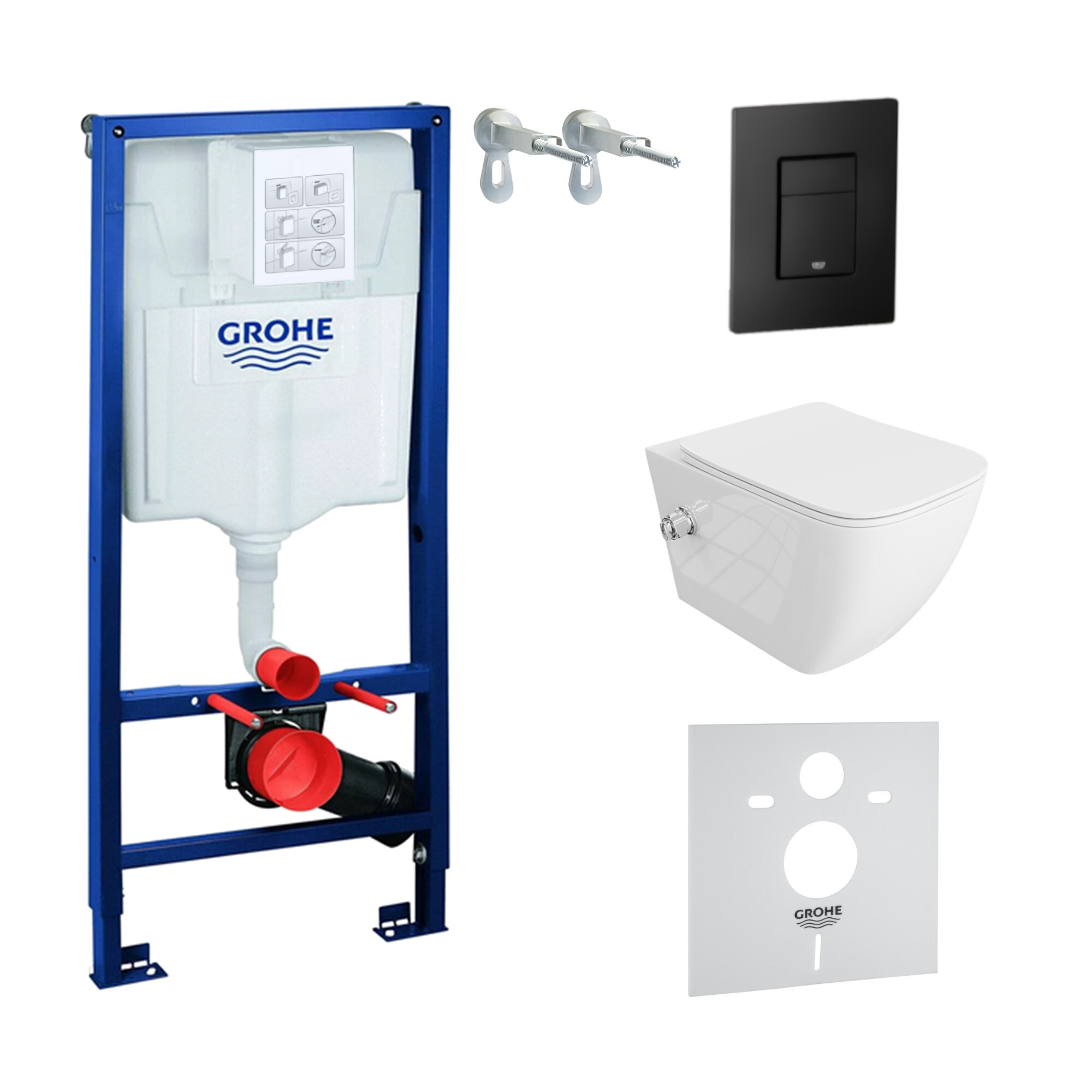 GROHE Vorwandelement Solido + Wand Hänge WC Parana Weiß Spülrandlos + WC-Sitz SoftClose | Schwarzer Knopf | Komplettset | Unterputz Spülkasten | Toilette Komplett Sett