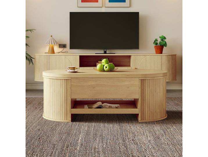 Table basse relevable multifonction avec rangement caché tablette coulissante côtés cintrés à lattes effet bois