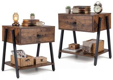 Costway Set of 2 Industrial Nightstand with Adjustable Foot Pads for Bedroom-Rustic Brown