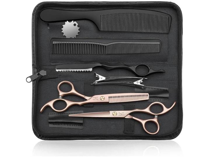 Friseurscheren Set mit Kochmesser Roségold + Schwarz, Rosa, Metall, 17x5x20.5 cm, Freizeit & Co, Wellness & Gesundheit, Körperpflege