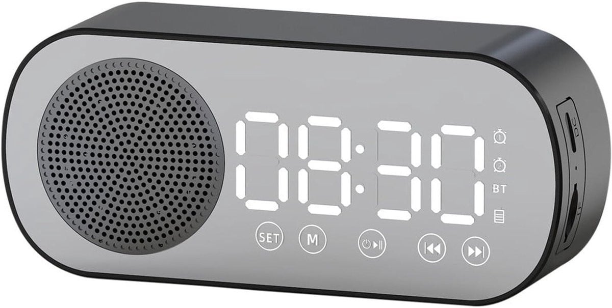 Bluetooth Speaker Wekker met LED Spiegeldisplay en Twee Alarmen - Zwart