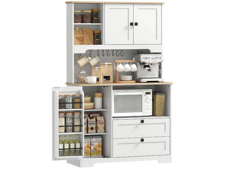 Buffet Haut Cuisine - Homcom - 3 Portes\, 2 Tiroirs\, Plan De Travail\, Compartiments Ouverts - Bois - 100x40x162cm - Blanc