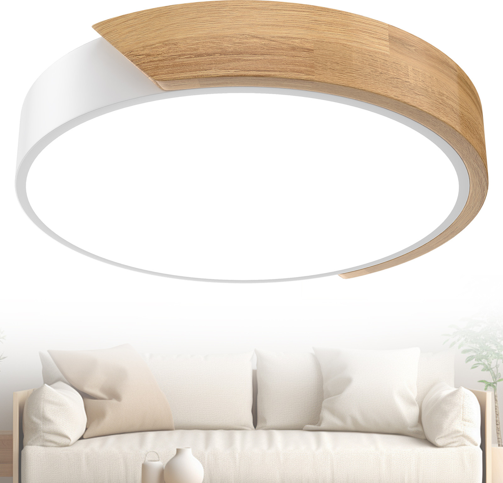 UISEBRT 48W LED plafondlamp met houten elementen, koelwit, geschikt voor woonkamer, keuken, hal en badkamer