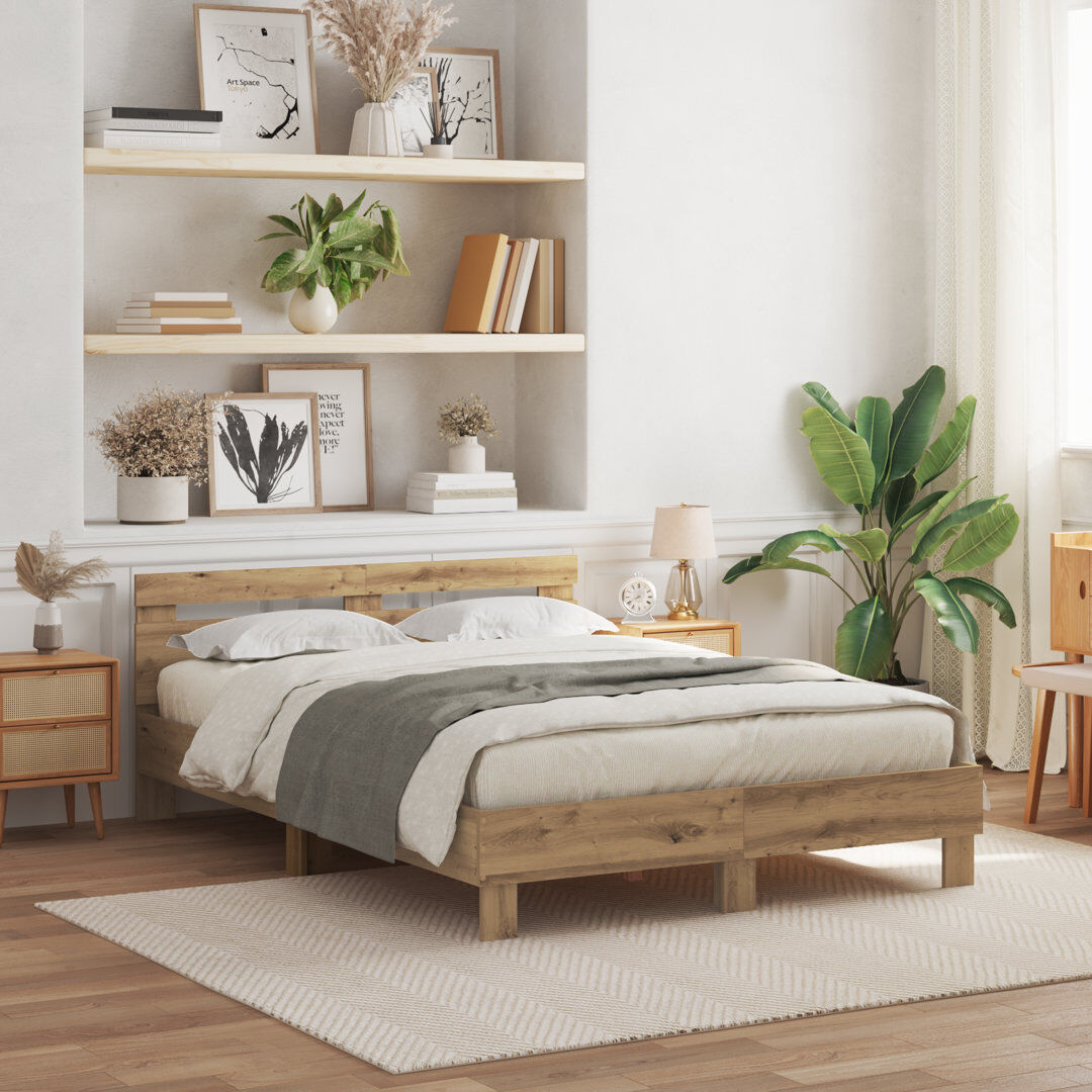 Vidaxl Wood Bed Frame with LED Durable Artisan Oak Kingsize (5')