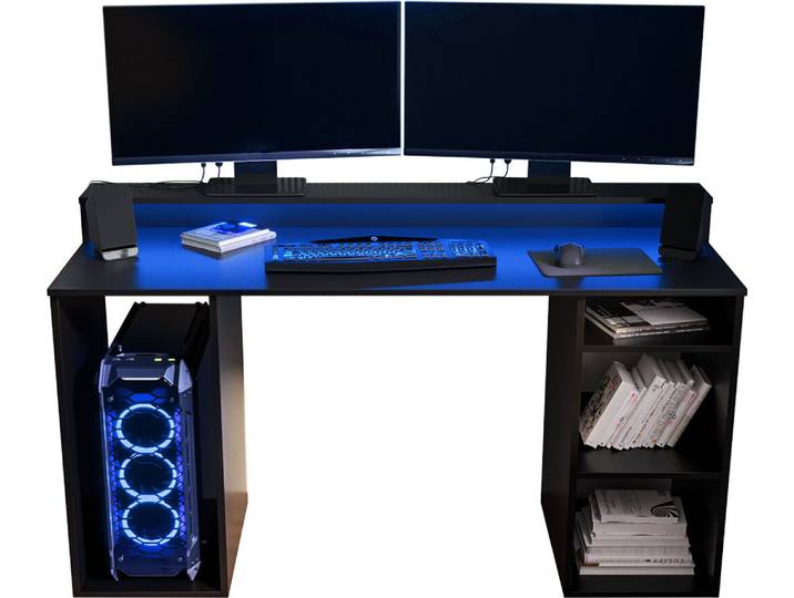 MIRJAN24 Gaming Schreibtisch Gamer 1, Computertisch mit Beleuchtung LED RGB, Monitor Regal, Gaming Stil (Farbe: Schwarz)