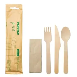 Papstar 30x Besteckset, Holz pure : Messer, Gabel, Löffel, Serviette in Papierbeutel
