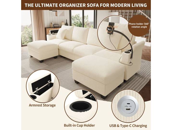 Canapé modulable d'angle convertible avec USB support téléphone porte-gobelet et rangement Tissu - Beige