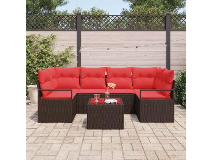 KTHLBRH 7-teiliges Sofa-Set aus Polyrattan, Braun und Rot Eckbank mit Tisch, Kissen mit Reißverschluss, Stahl, für Terrasse