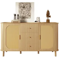 OKWISH Beistellschrank 140x40x80cm Rattan Wellen-Schubladen Modern Holzstruktur Wohnzimmer Esszimmer Metallbeine Holzfarbe