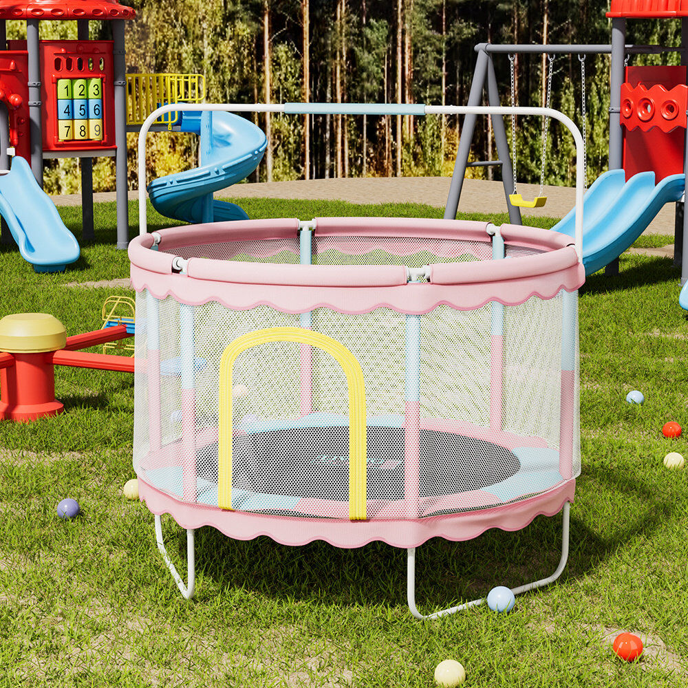 Living And Home 150cm Round with Safety Enclosure Kid / Toddler Trampoline with Handlebar Pink;Yellow;Blue 130cm H X 150cm W X 150cm D