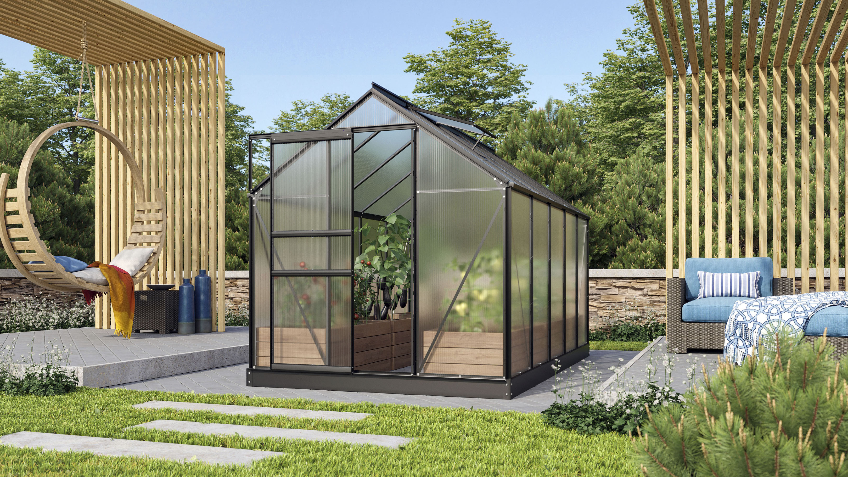 Gewächshaus VITAVIA "Venus 6200", schwarz, B:195cm H:197cm T:321cm, Gewächshäuser, Gewächshaus, Alu-Profilen, 4 mm Hohlkammerplatten