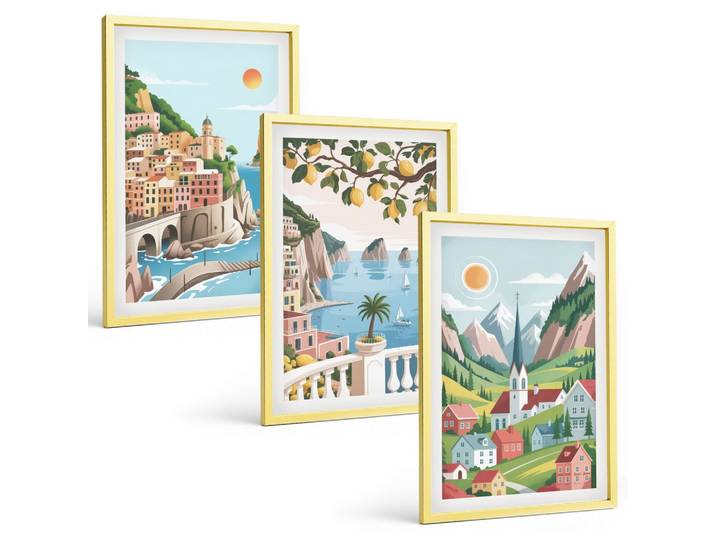 BILDER SET 3er Set - 40x60 cm Goldrahmen - Landschaften, Meer, Zitrusfrüchte