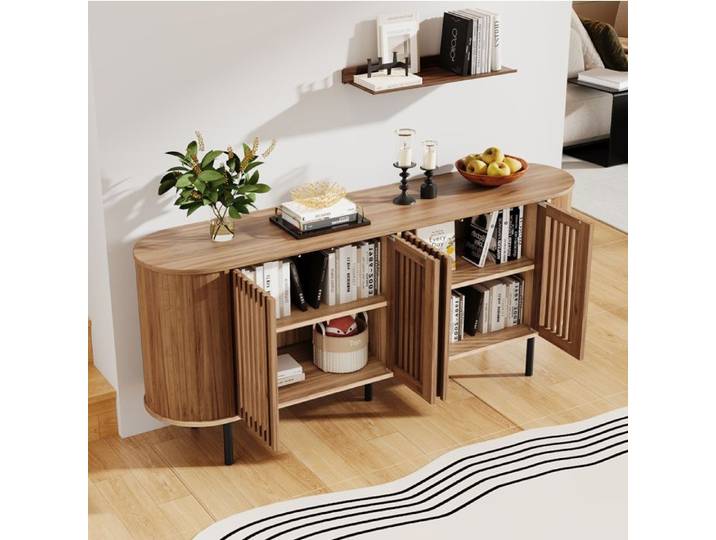 Buffet Bas MDF Naturel 4 Portes Sideboard Moderne FloraGrace Pour Salon Avec Étagères Réglables 160x40x70cm