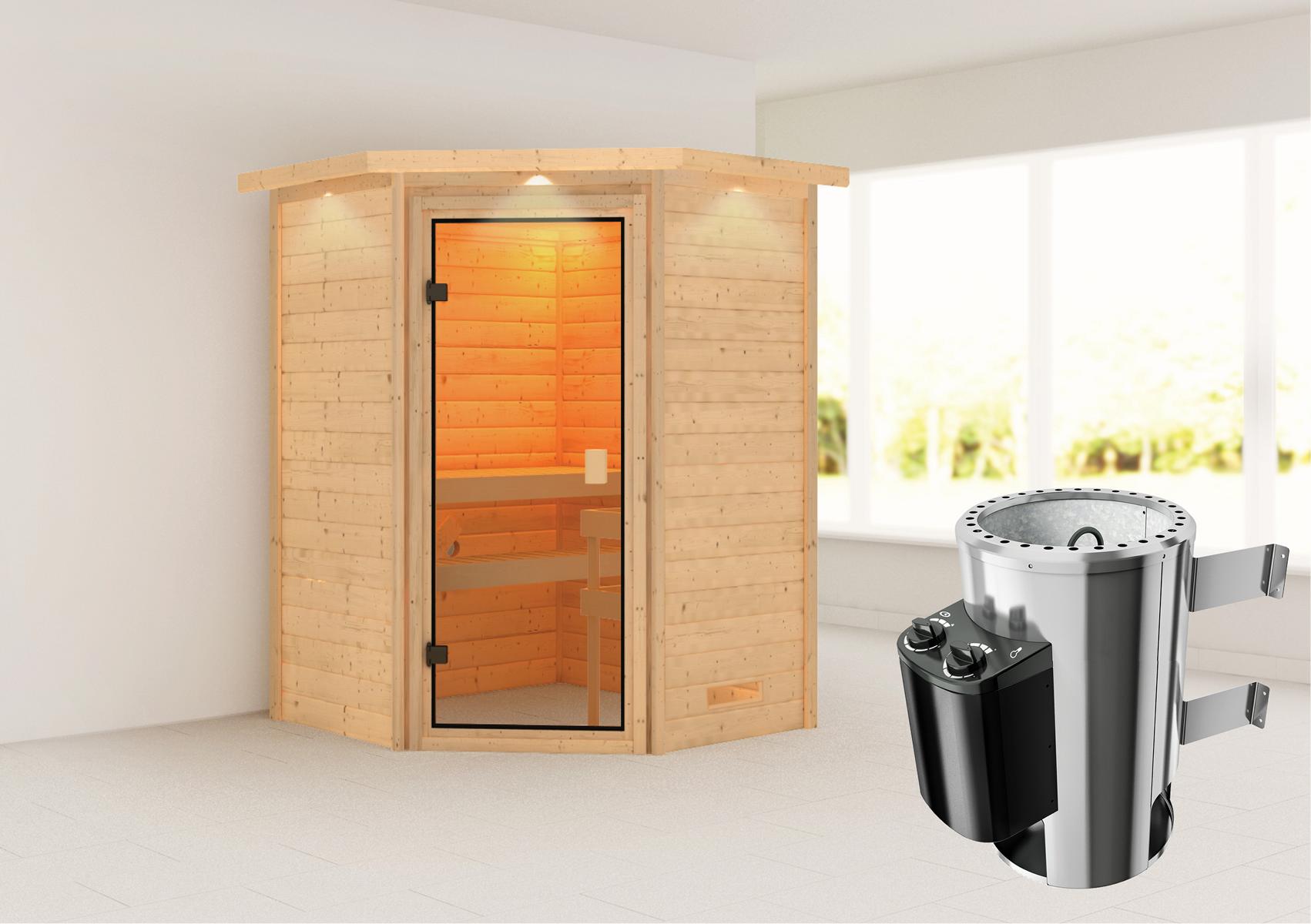 KARIBUHOLZT Sauna Antonia Eck, 3,6kW int.Strg m.Dachkranz 16880445
