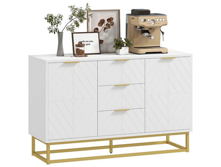 ComfortXL Sideboard De-10993 Grafisches Design mit 2 Türen Weiß/Gold, 120x76x40 cm, Kleinmöbel, Kommoden, Sideboards