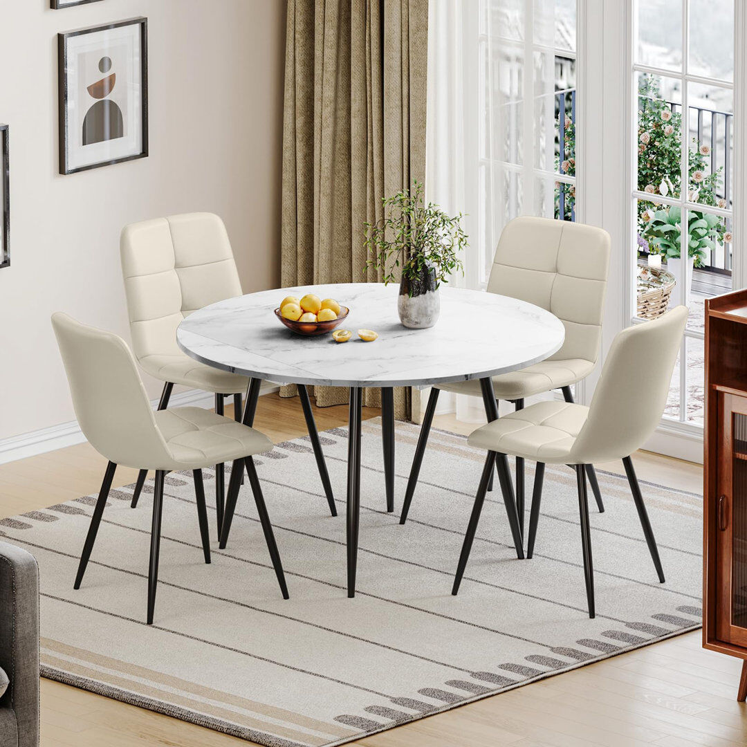 George Oliver Dining Table And Chairs Set Of 4, Extendable Round Marble Effect Folding Table With Upholstered Tech Fabric Chairs For Dining Room,Kitchen White/Beige 4