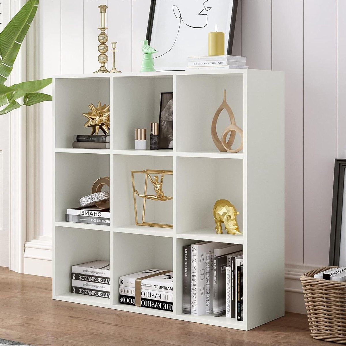 Moderne Houten Boekenkast met 9 Kubussen in Warm Wit