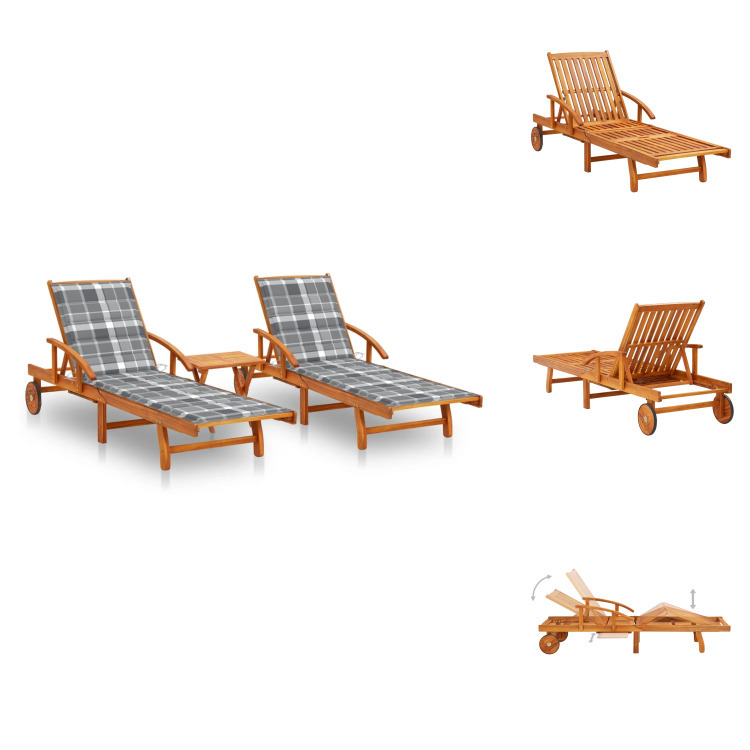 vidaXL Sonnenliegen 2 Stk. mit Tisch und Auflagen Massivholz Akazie - Sonnenliegen