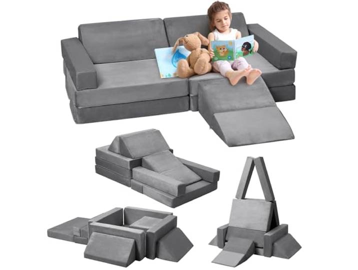 GarveeLife Kindersofa, 12 Stück, Sofa für Kinder mit Schaumstoffblöcken, dick, widerstandsfähig, mit verdecktem Reißverschluss, modulares Sofa, faltbar, Grau