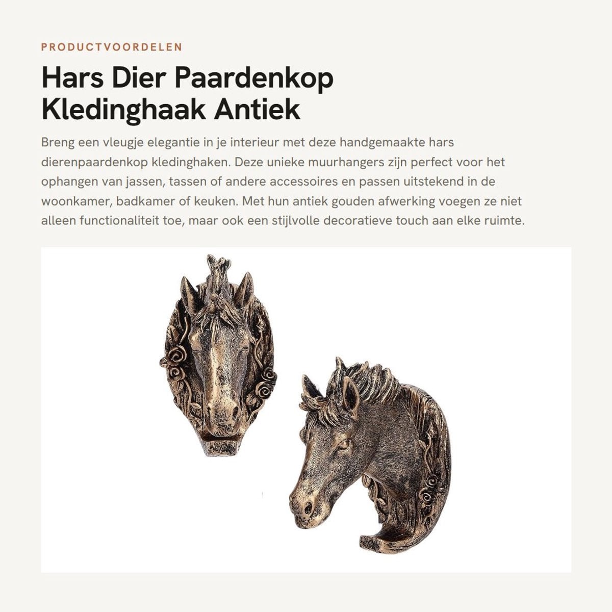 Dailygoods Handgemaakte Kledinghaak Paardenkop - Antiek Goud - 2 Stuks