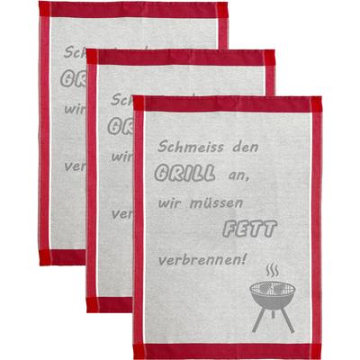 Geschirrtuch ROSS "Schmeiss den Grill an, wir müssen Fett verbrennen", grau (grau, rot), B:50cm L:70cm, 100% Baumwolle, Geschirrtücher, Geschirrtuch, Sprüchetuch, aus 100% Baumwolle