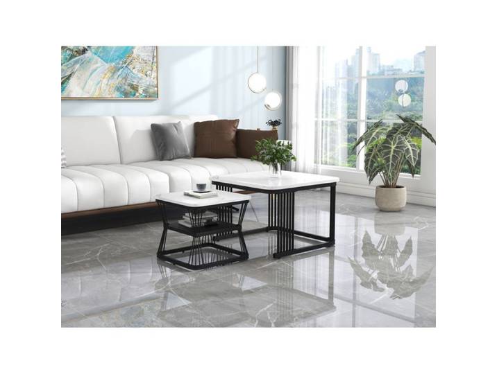 WOVREO Lot de 2 tables basses carrées blanches brillantes effet marbre MDF acier noir