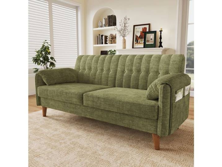 ULEVR Canapé fixe 2 places vert en tissu chenille avec dossier capitonné coussins d'accoudoirs et poches latérales