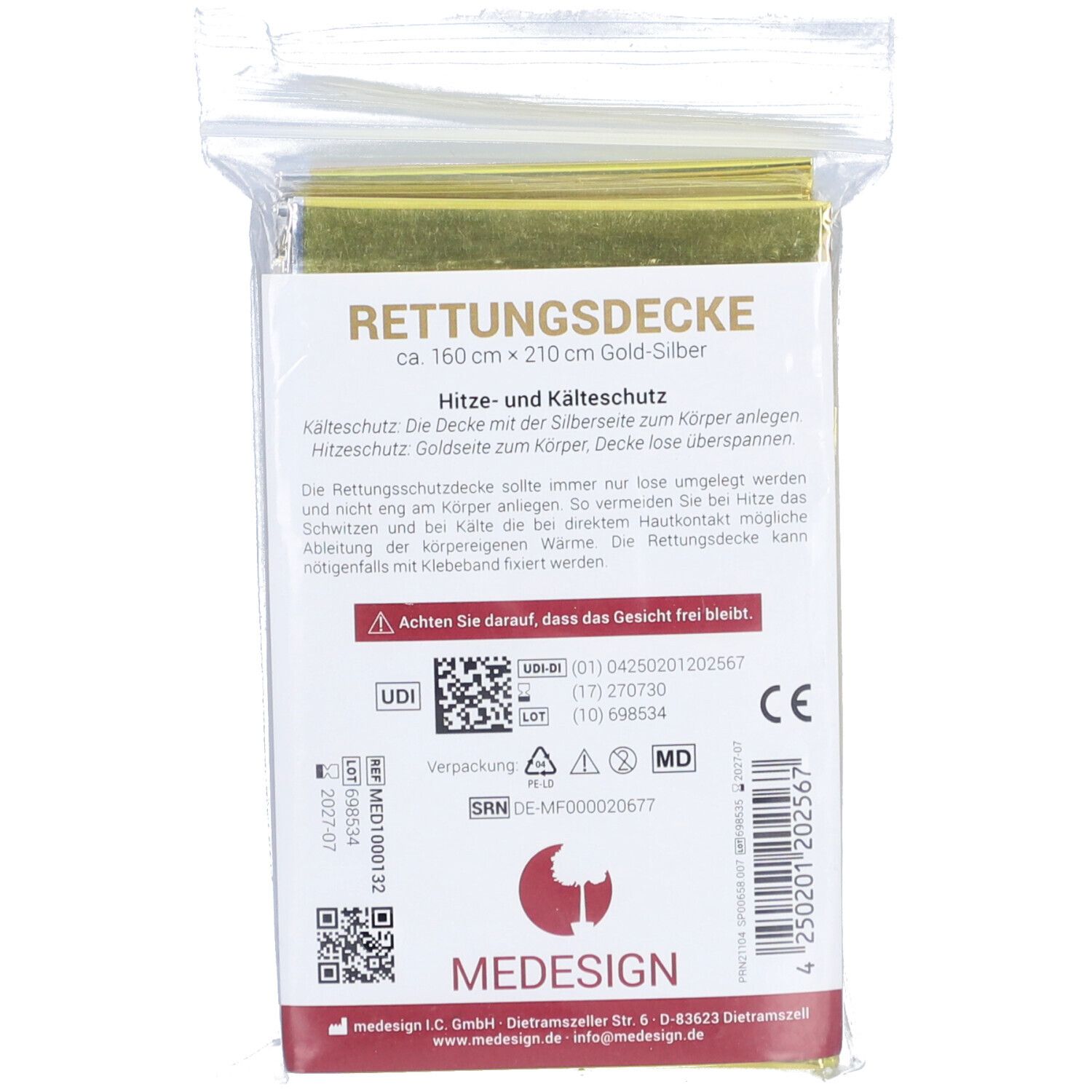 Rettungsdecke 160x220 cm gold/silber 1 St Decke