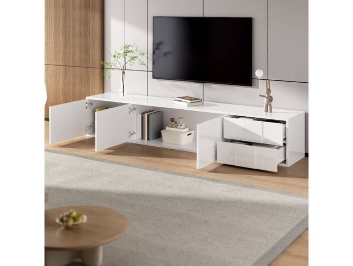 Meuble TV Blanc 170 cm Lowboard Brillant FloraGrace Pour Salon Suspendu Ou A Poser 170x30x30 5cm