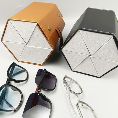 Leather Multi Grid Glasses Case, Folding Hexagonal Anti Pressure Sunglasses Case brown