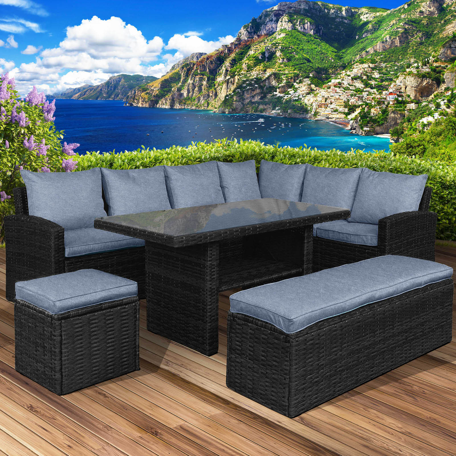Poly-Rattan Eck Sitzgruppe ECO schwarz/blau